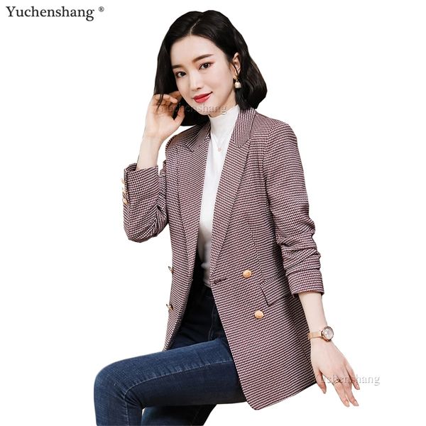 new arrival women ladies winter blazer casual female plaid double breasted coat red gray blue jacket y201026, White;black